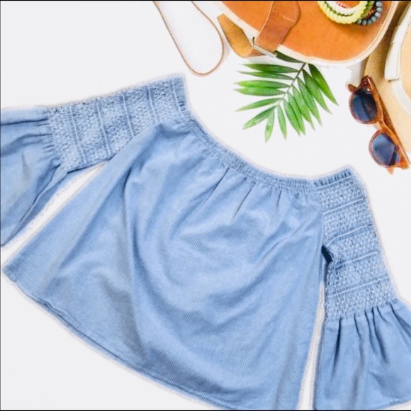 Tops - Boho | Blue & White Pinstripe Off Shoulder Top